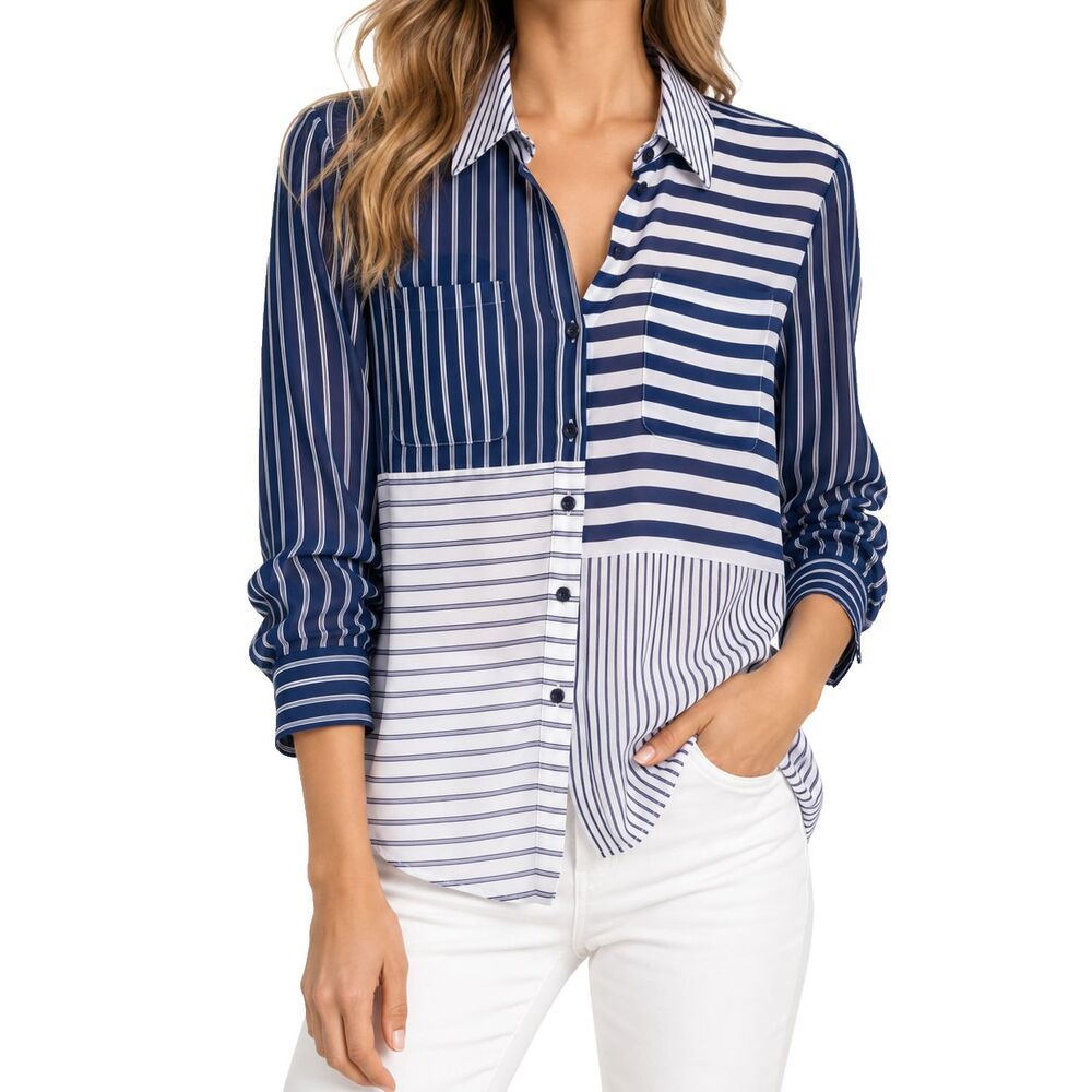 Express Portofino Womens Shirt XS Blue White Colorblock Button Up Roll Tab Top